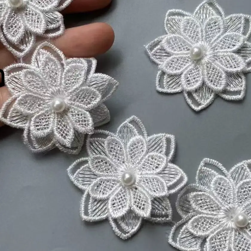 

10X Soluble White Pearl Flower Lace Trim Polyester Embroidered Ribbon Fabric Sewing Supplies Craft Decor, DIY Handmade Materials