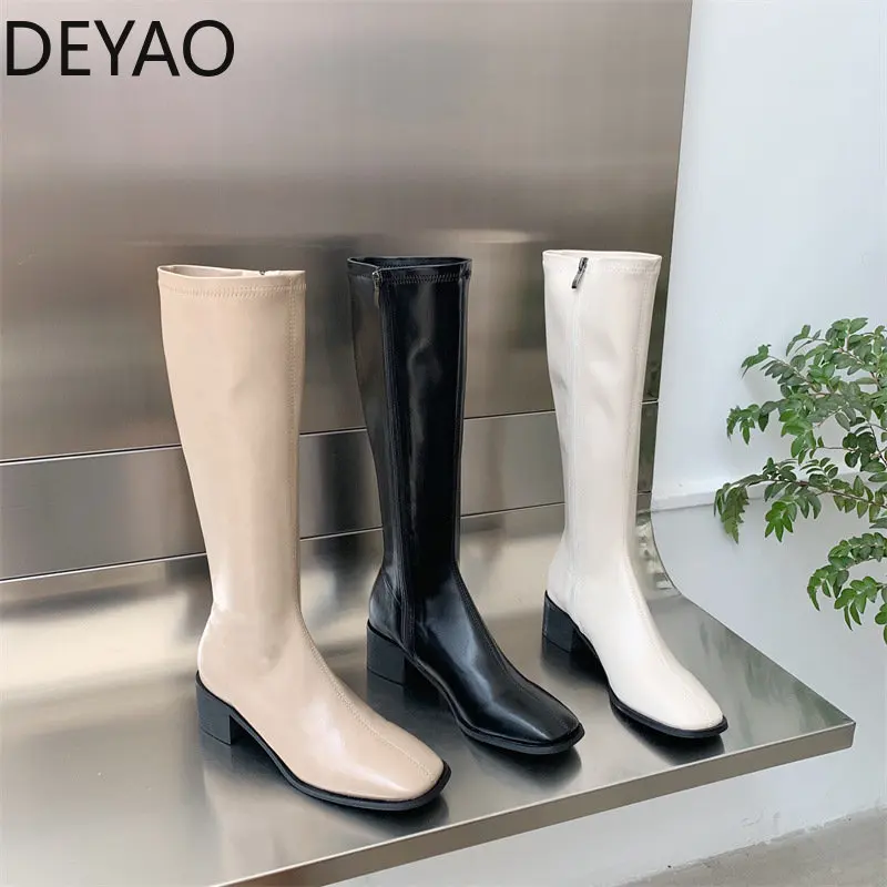 

New Fashion Leahter Women Knee High Boots Street Style Square Toe Thick Heels Long Boot Side Zippers Female Shoes