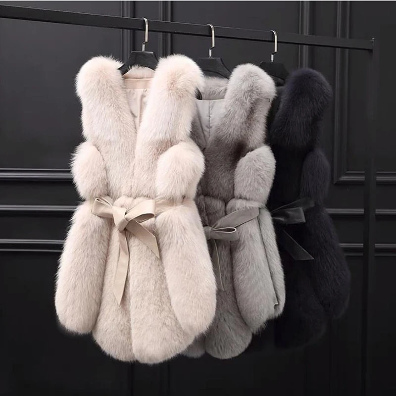 Genuine Fox Fur Vest Jacket Women V-neck Sleeve Send Belt Outertwear Autumn Winter New Luxury Streetwear Fox Fur Coat Lady