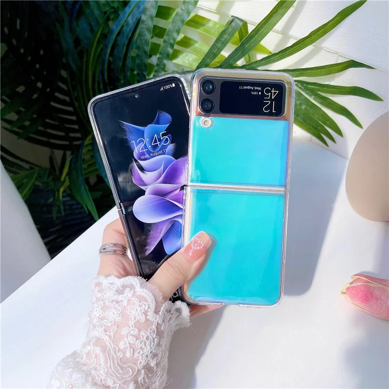 

Dazzling Laser Stickers Transparent Phone Case for Samsung Galaxy Z Flip 3 Hard PC Back Cover for ZFlip3 Case Protective Shell