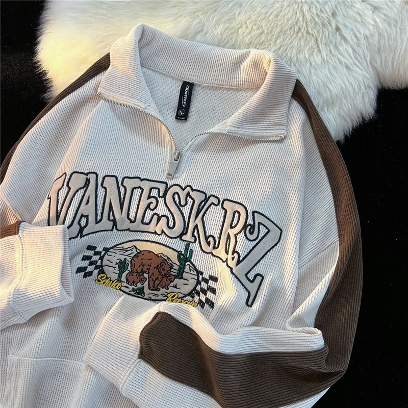

Women retro Loose Bf Lazy Style Sweatshirts Polo Collar Stitched Hoodies Streetwear Hip Hop Harajuku Pullover Gothic Y2k Clothe