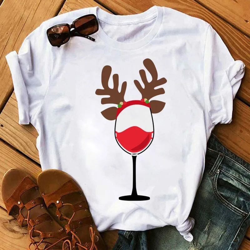 

Christmas T Shirt Xmas Tops Women T Shirt Cute Wine Glass Print Tee Female Ladies Short Sleeve O-neck Graphic Tee Shirt Clothes