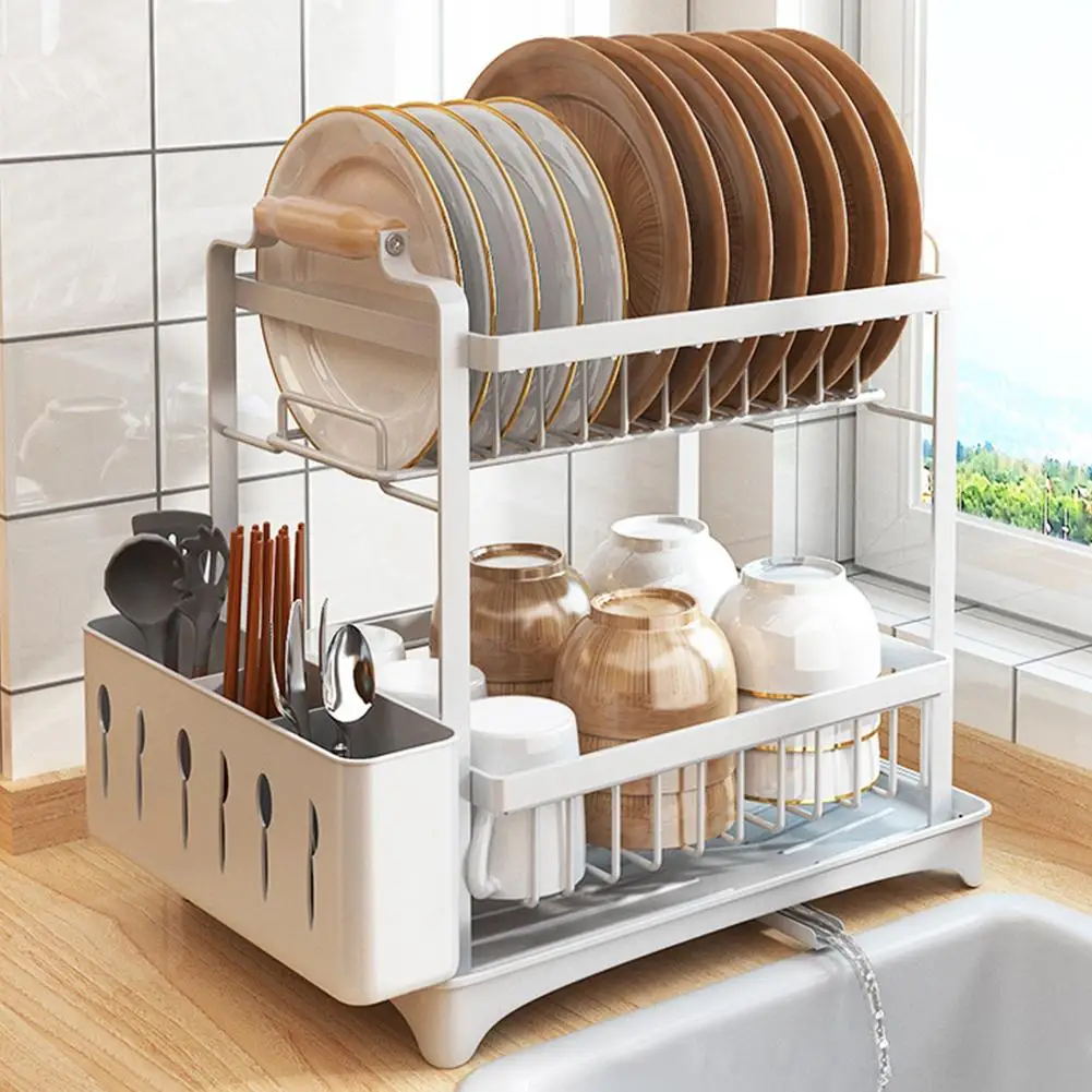 

Kitchen Storage Rack Dish Drainer 2 Tier Home Plate Bowl Chopsticks Storage Shelf Utensil Holder