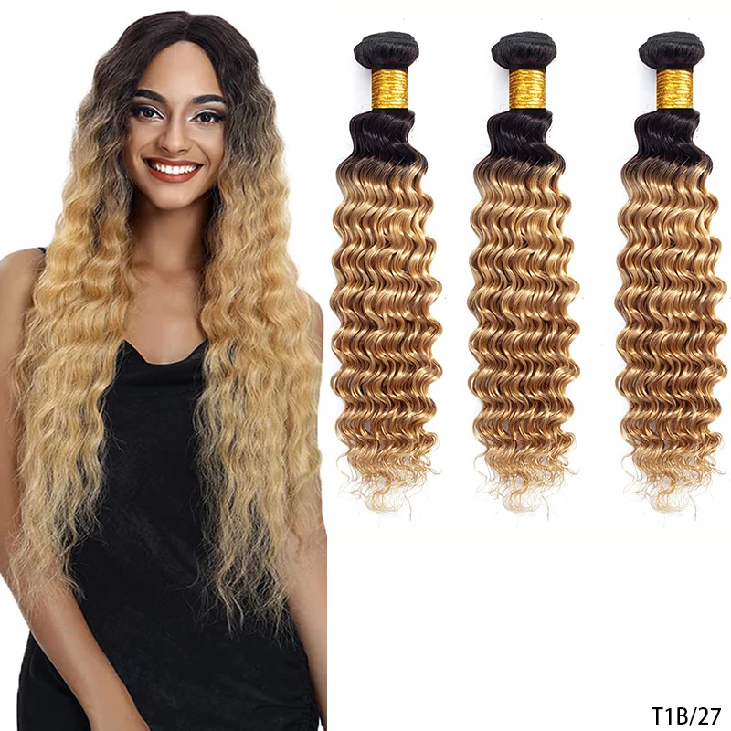 DreamDiana Ombre Curly Bundles With Closure 1B/27 Deep Weave Human Hair 3 Bundles Remy Brazilian Hair Dark Root Two Tone Color