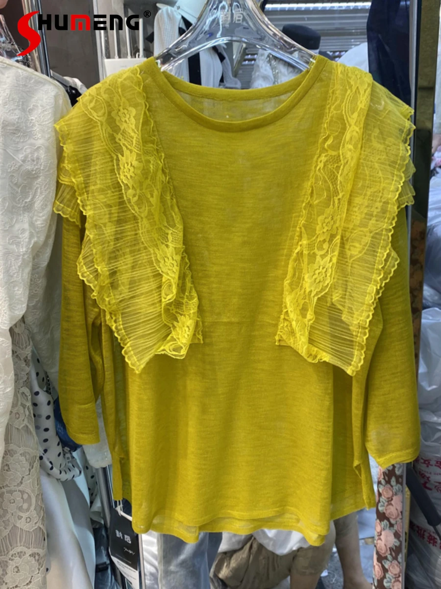 

New Ladies 2022 Summer Fashion Sweet Lace Ruffles Patchwork Blouses Women's Elegant Solid Round Neck Long Sleeve Pullover Shirt