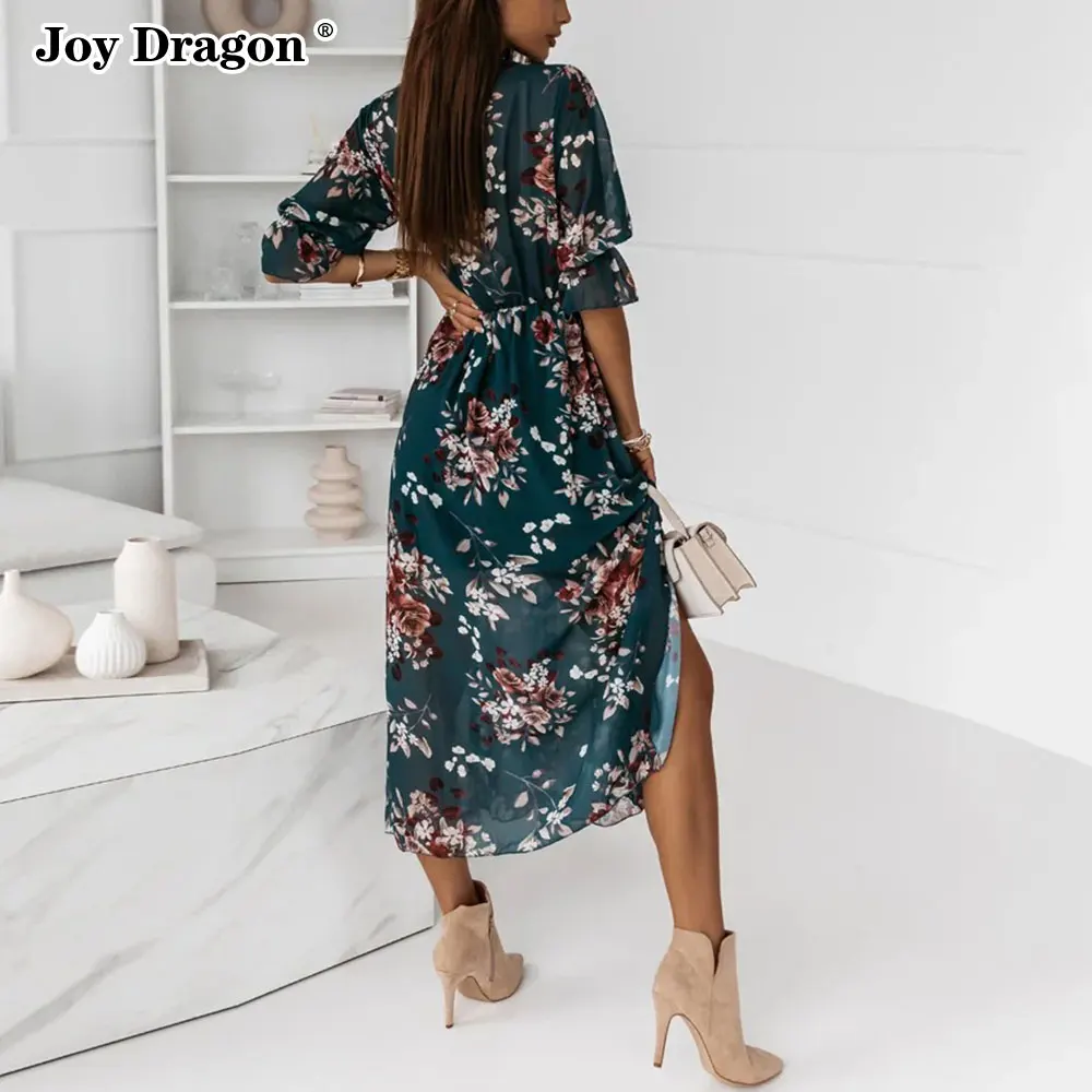 Dress for Women Floral Print Summer Beach Casual New Clothes 2022 Long V Neck Slim Fit Short Sleeve Mid-calf Length Dresses images - 6