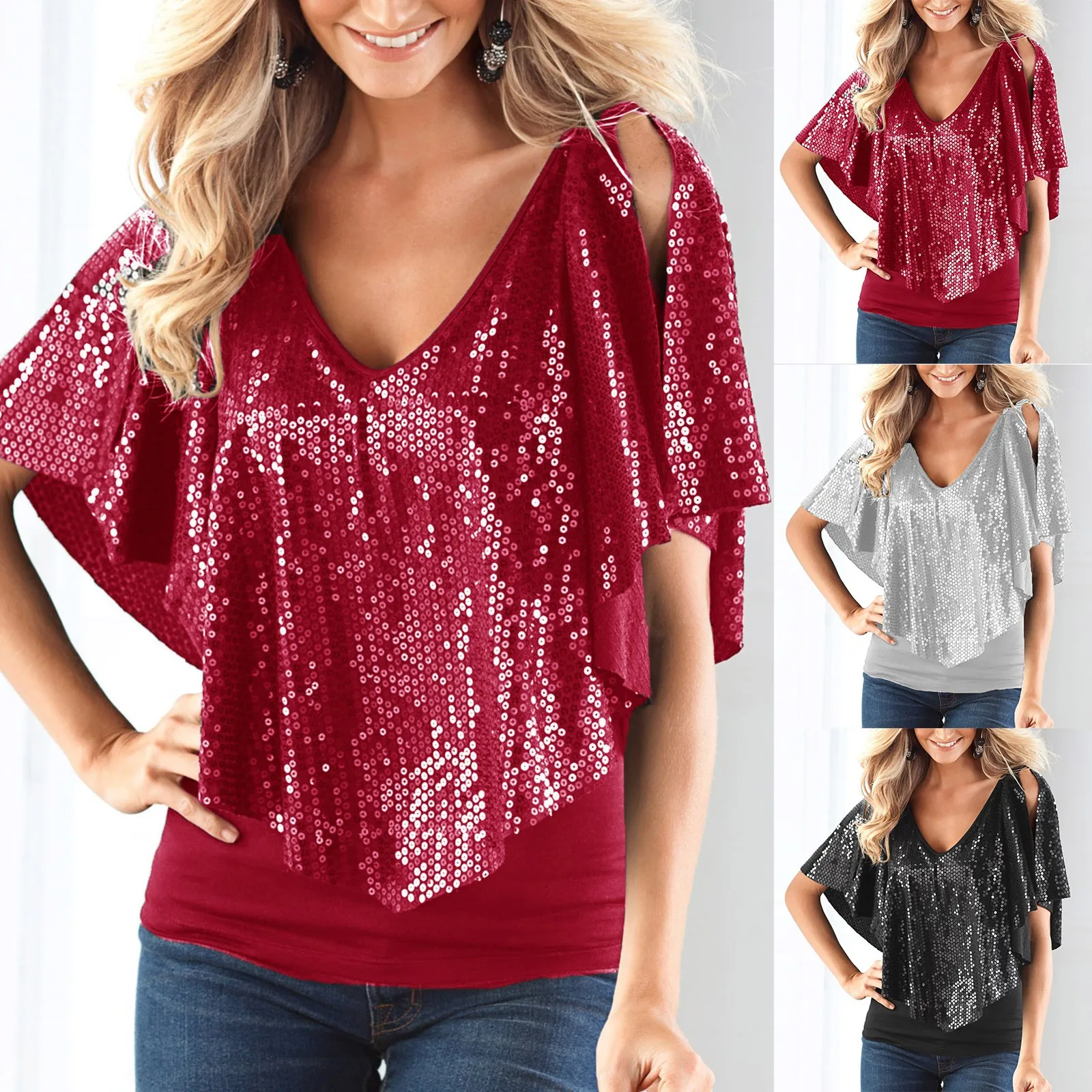 Женская однотонная футболка с блестками и V-образным вырезом без бретелек