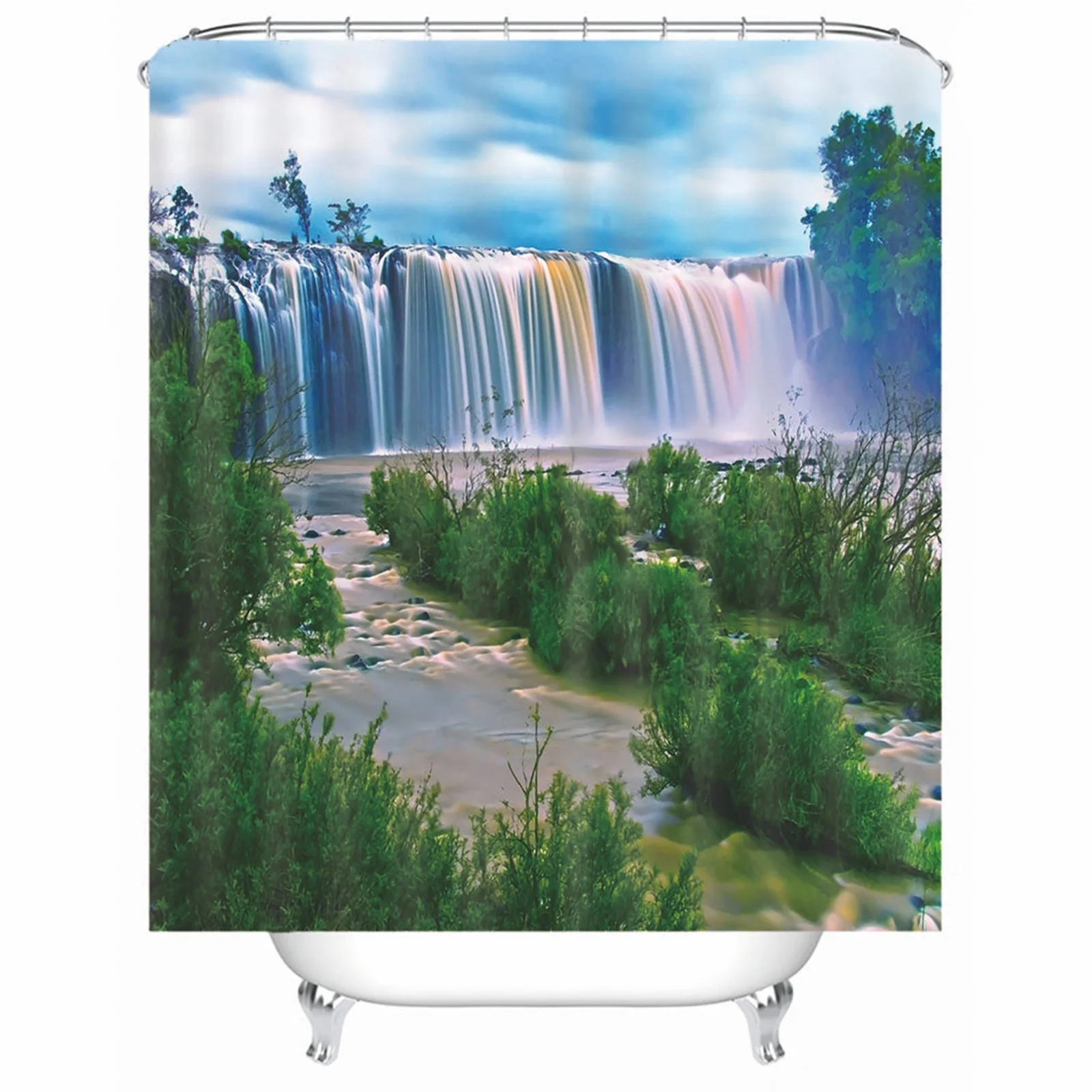 

Kids Shower Curtain Set Polyester Waterfall Trees Green Mold & Mildew Resistant Waterproofwith Rustproof Grommets Hooks