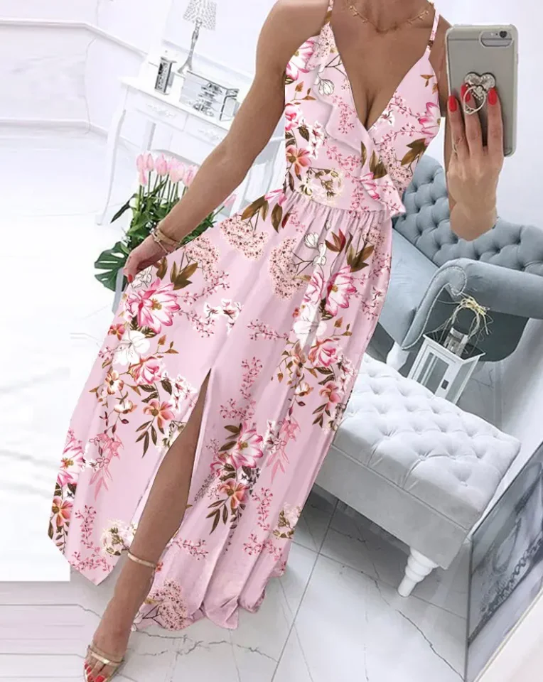 2022 Summer Dress Women Floral Print Ruffle Fashion Hem Split Casual Holiday Long Dress