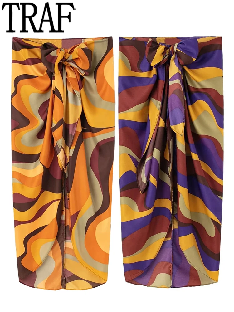 

TRAF 2022 Printed Wrap Skirt Women High Waist Summer Woman Skirt Beach Sarong Long Skirts For Women Vintage Midi Split Skirt