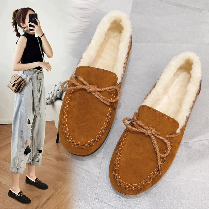 

Solid Color Bean Shoes for Women In 2022 Winter New Women's Plush Flat Sole Casual Lazy People Comfortable Cotton Shoes for