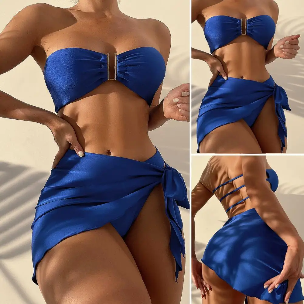 3 шт./компл. летний комплект бикини однотонный купальный костюм с открытой спиной