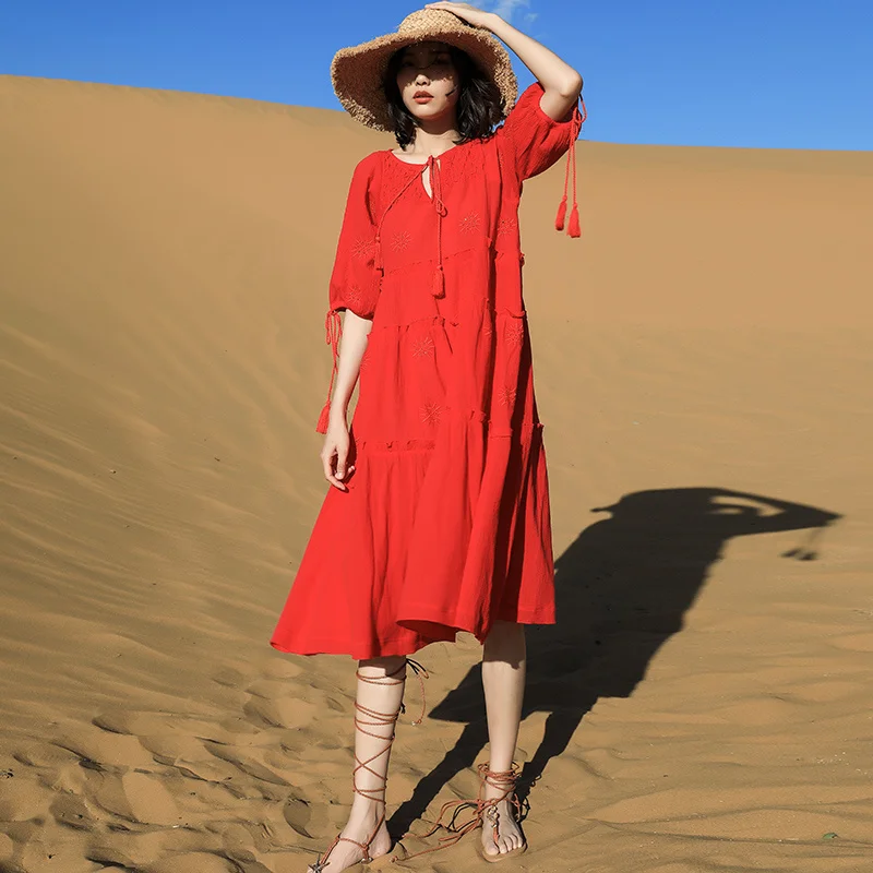 Beach skirt for seaside holiday Women's summer red embroidered dress Small short skirt Teacher's medium long skirt Thailand