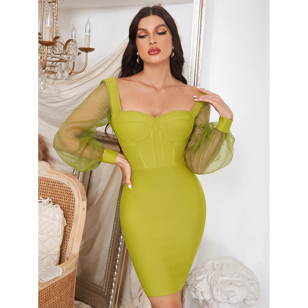 

Sexy Mesh Long Sleeve Bandage Dress Elegant Puff Sleeve Square Collar Corset Dress Green Lantern Sleeve Backless Club Party Dres