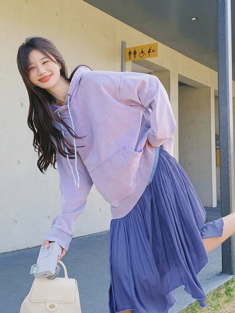 Absolutely Purple Fake Two Pieces Hoodie Dress Women Spring and Autumn 2024 New Korean Series Preppy Age-Reducing First Love ...