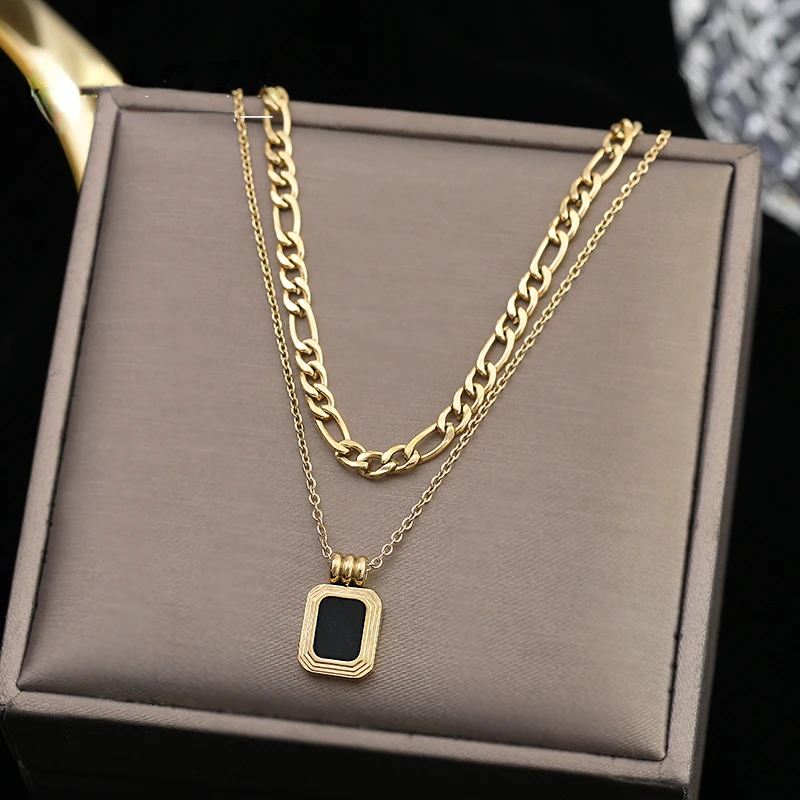 

Stainless steel Black Square Pendant Double Layer Necklace Korean Fashion Jewelry For Woman Girls Sexy Clavicle Chain Party Gift