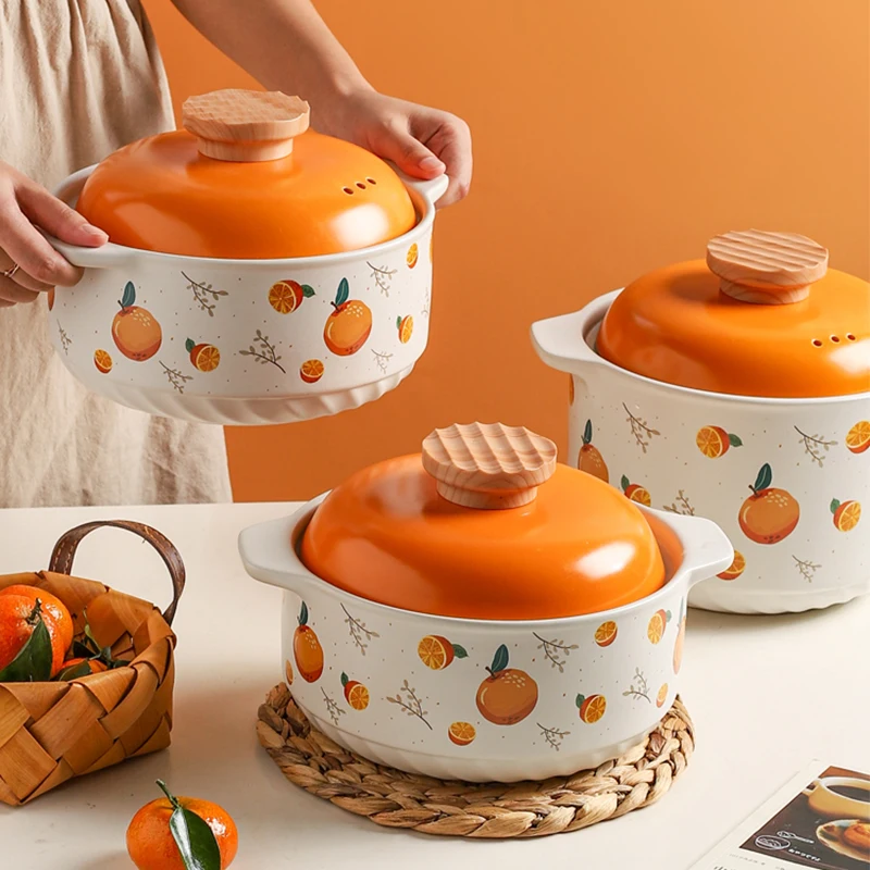 

Милая кастрюля с оранжевым рисунком, газовая фотоемкость, суповая кастрюля, устойчивая к высоким температурам керамическая кастрюля, глиня...