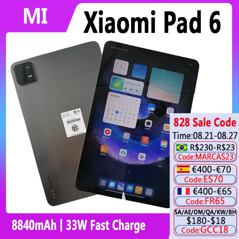 

New Xiaomi Mi Pad 6 Tablet Snapdragon 870 11" 2.8K Ultra Clear Eye Protection Screen 8840mAh 33W Fast Charger Android 13 MIUI14
