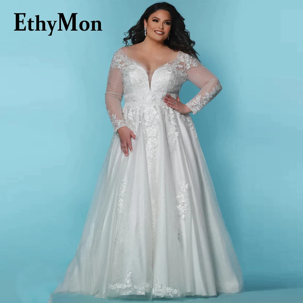 

Ethymon Long Sleeve Bling Elegant Wedding Dresses Tulle For Mariages Floral Print Custom Made Vestidos De Novia Brautmode Pleat