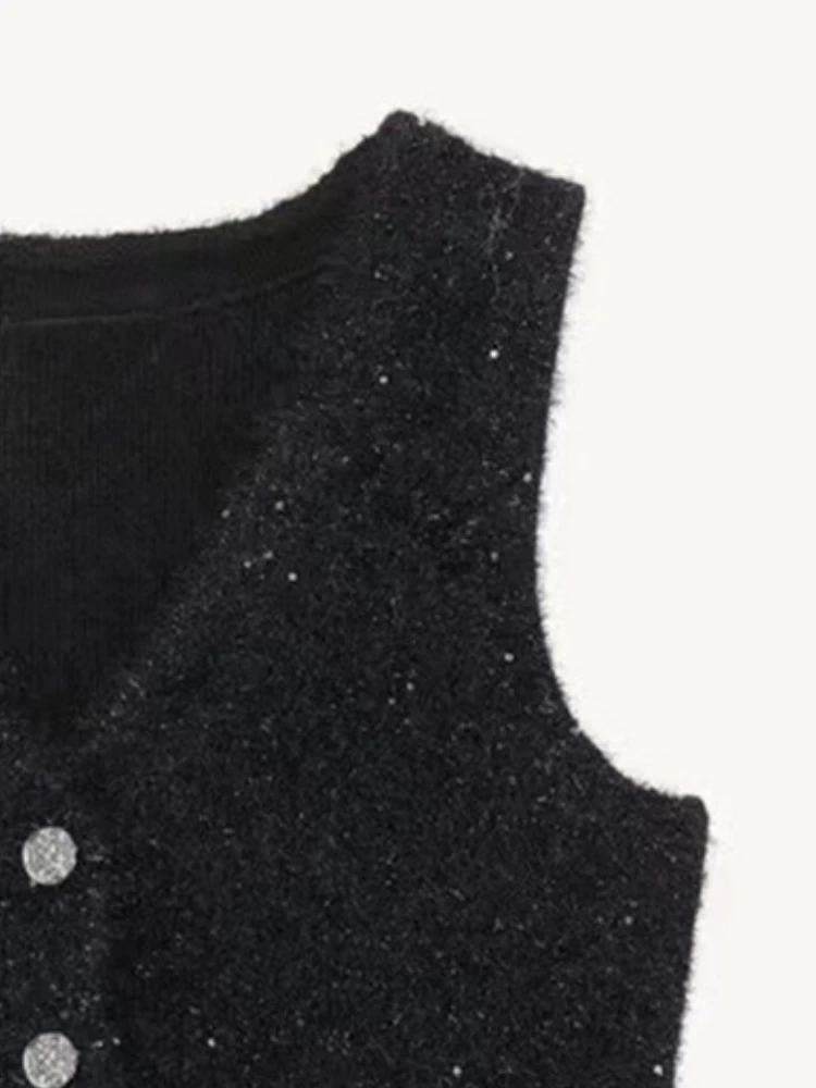 

Vest 2023 Spring New Tweed Shiny Plush Knitted Vest /A-line Skirt