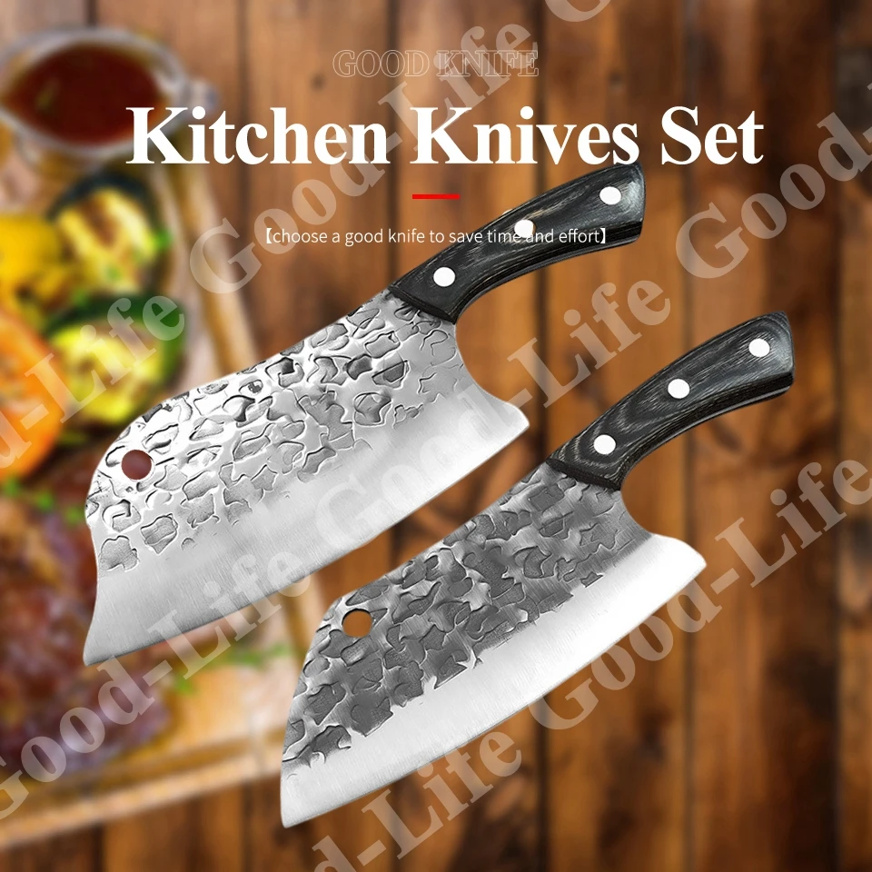

Набор кухонных ножей, профессиональные шеф-повара, кованый нож из дамасской стали, для мяса, овощей, устройство для нарезки и измельчения, мясницкий нож