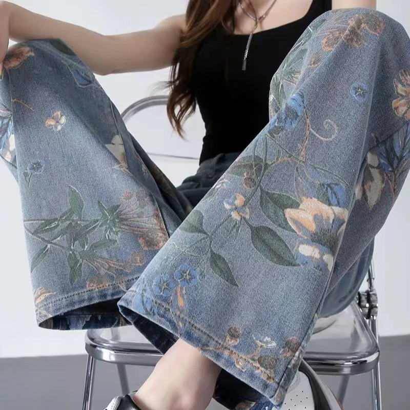 Spring Fall Women High Waisted Floral Pattern Printed Wide Leg Jeans Pants , Woman Vintage Casual Flower Denim Trousers