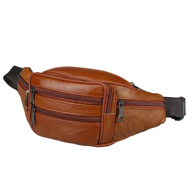 Genuine Leather Fanny Pack for Men Outdoor Travel Waist Bag Cowhide Large Size 7 Pockets Chest Bags Phone Pouch Running Camping
