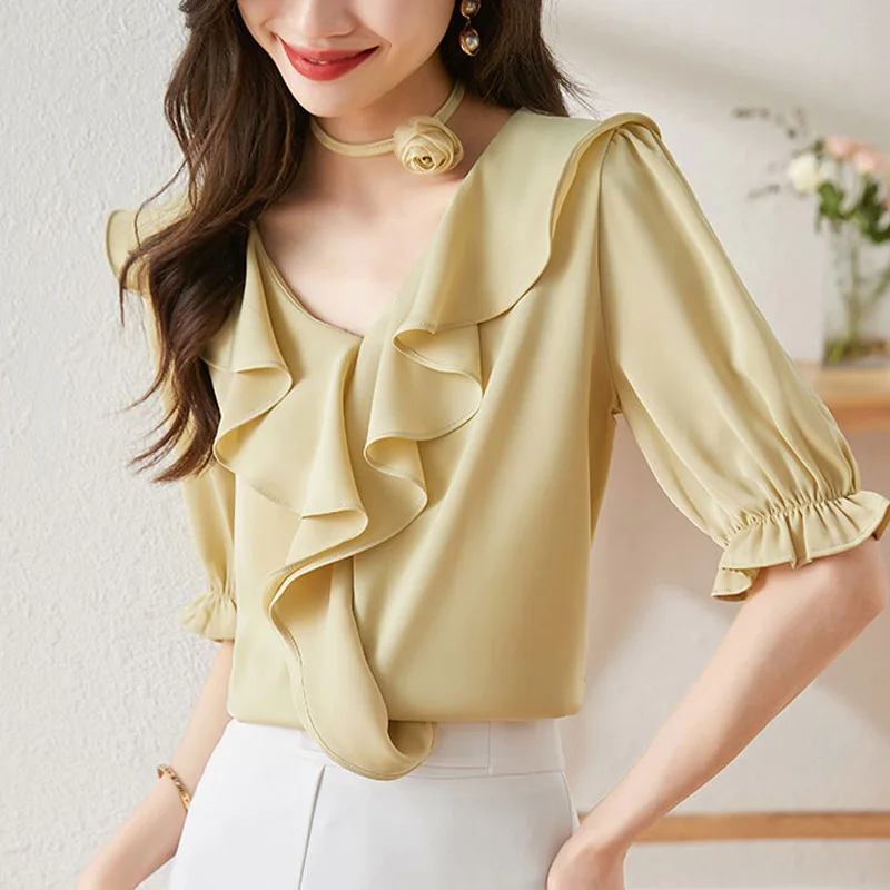 

French Style V-neck Ruffled Silk Satin Shirt Short sleeve Casual Commuting Blouse Solid Color Summer Women Tops