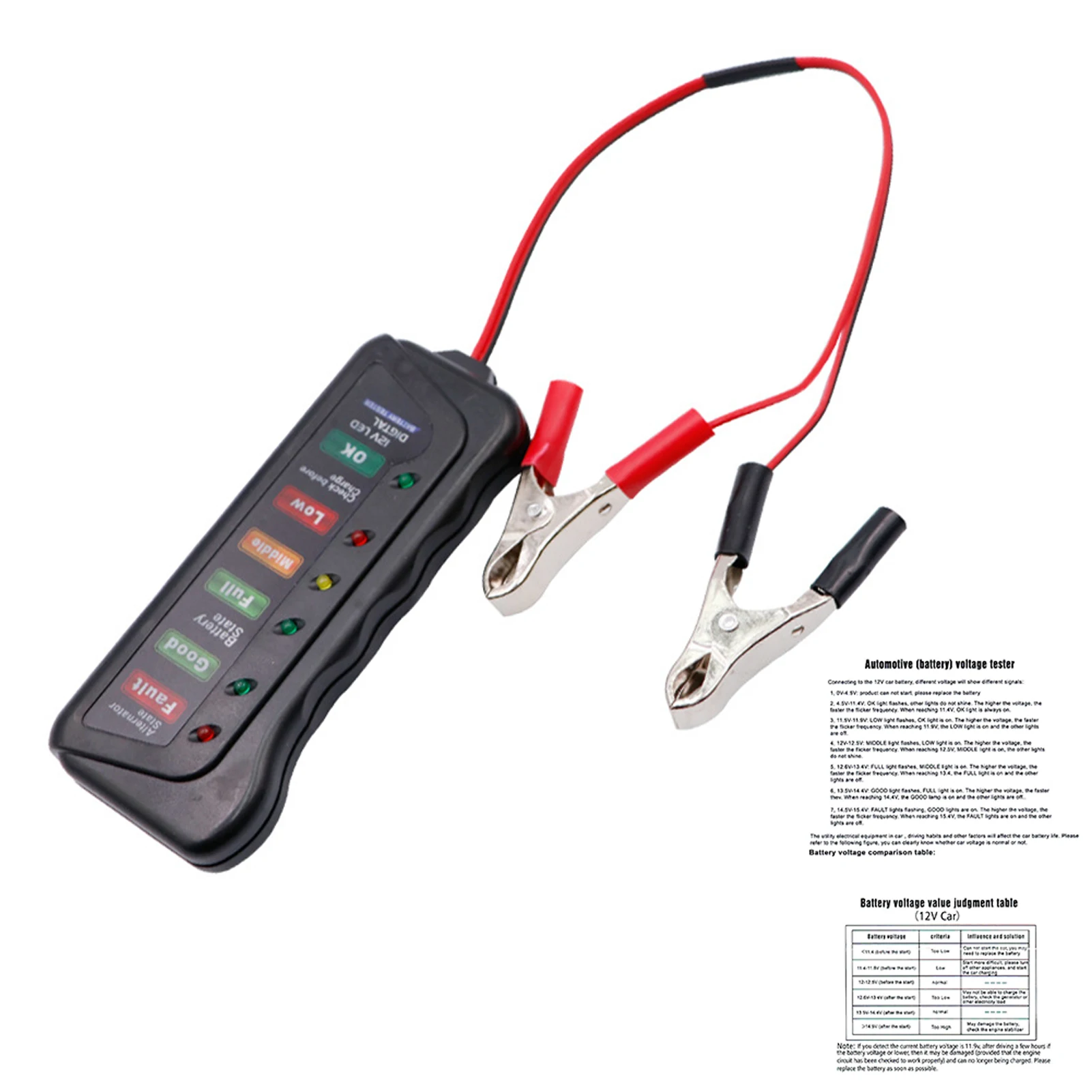 

12V Accurate Car Battery Tester LED Display Easy Use Fast 6 Light With Manual Motorcycle Portable Diagnostic Tool Digital Mini