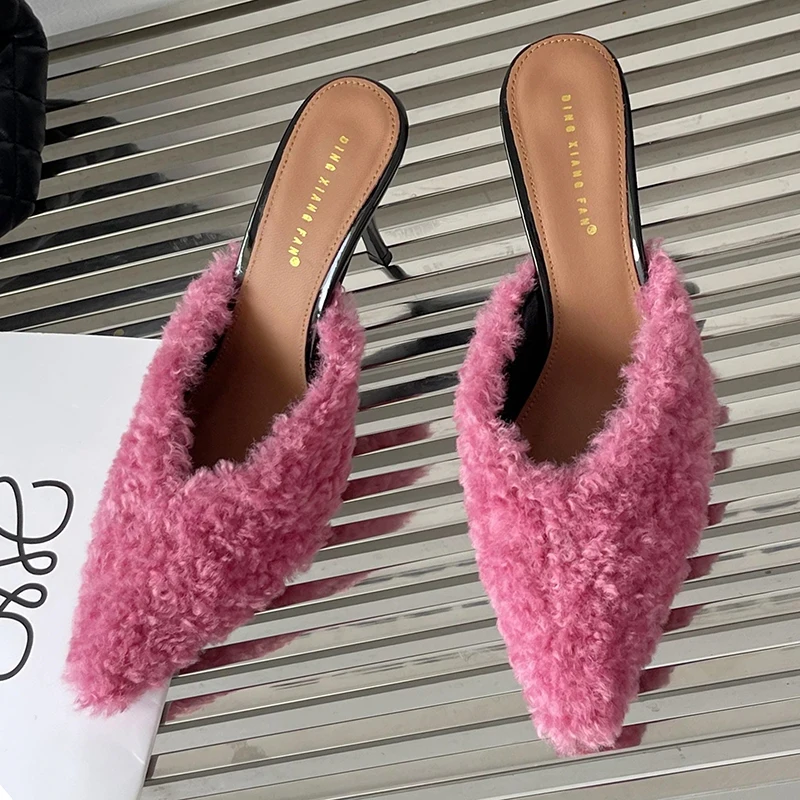 

New 2022 Fashion Fur Ladies High Heels Sandals Slides Outdoor Indoor Shallow Women Furry Pumps Shoes Casual Female Mules