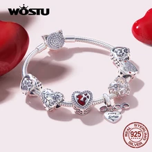 WOSTU 100% 925 Sterling Silver Heart Vintage Charms Beads Fit Original DIY Bracelets Necklace Mother's Day Jewelry Gifts for Mom