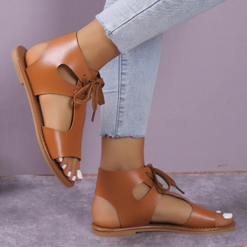 

2023 Summer Solid Color Women's Sandals Casual Flat Beach Female Plus Size Sandalias Leather Hollow Lace Up Roman Ladies Shoes