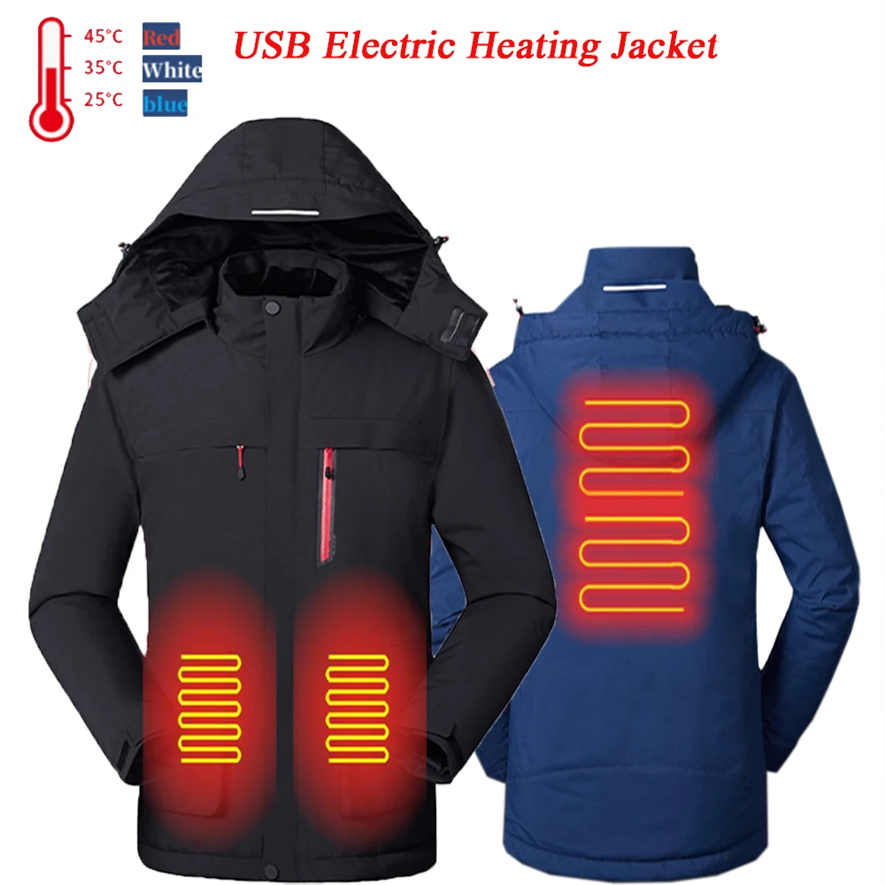 

Outdoor Coat Men Heated Jackets USB Electric Long Sleeves Heating Hooded Jacket Warm Winter Thermal Clothing Rainproof