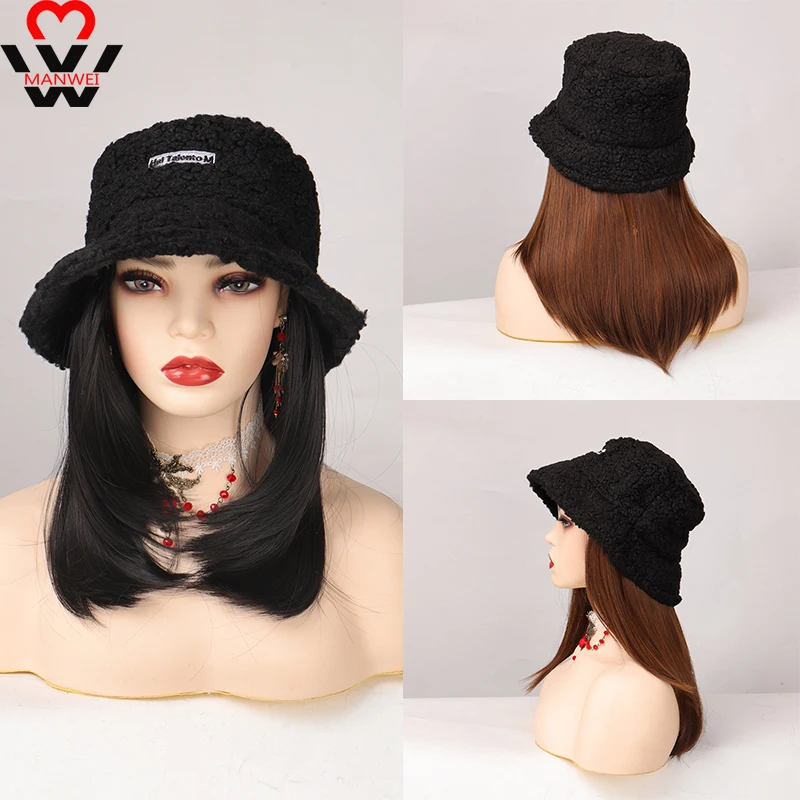 

MANWEI синтетический парик черного цвета длинные прямые волосы удлинение с зимней теплой шляпой милая и милая Панама