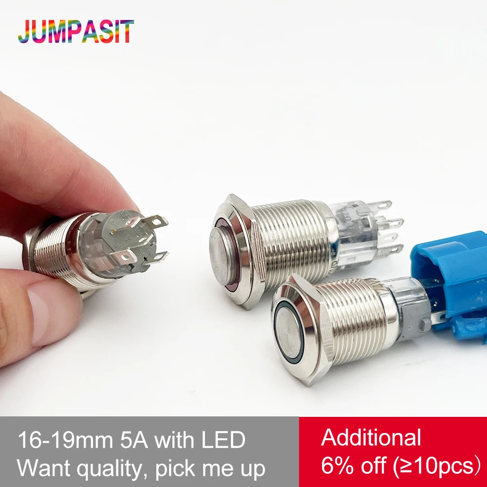 

Jumpasit 5A Waterproof Metal Push Buttonm Switch 16mm 19mm IP67 12V Power RIng 7 LED Self Lock Momentary Reset 1NO1NC 2NO2NC