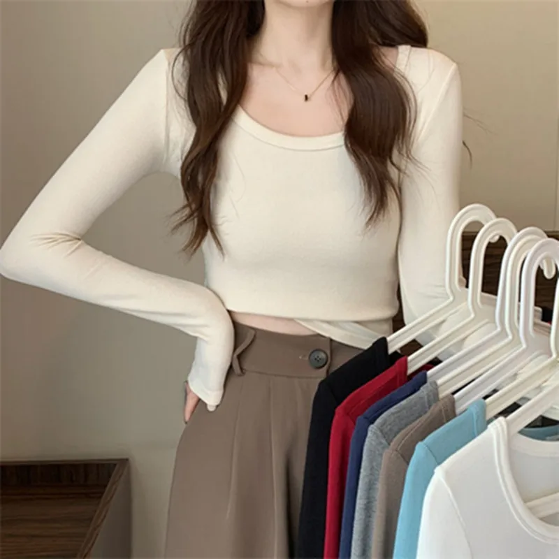 

Базовая хлопковая футболка, Женская облегающая футболка с U-образным вырезом, футболки с длинным рукавом, Женская Повседневная Эластичная белая и черная футболка, Женский Топ