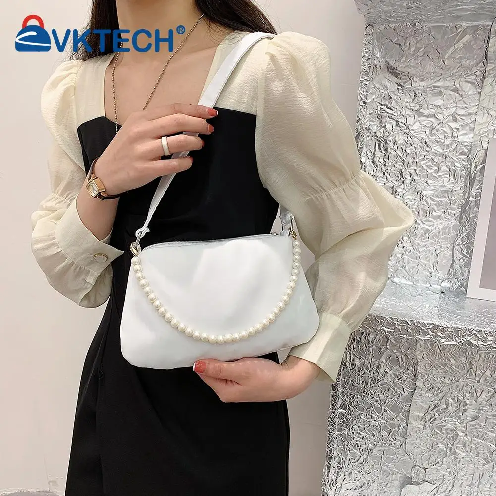 

Нейлоновая женская сумка под подмышку в стиле ретро, модные простые однотонные маленькие повседневные дамские сумочки с жемчугом, изысканн...