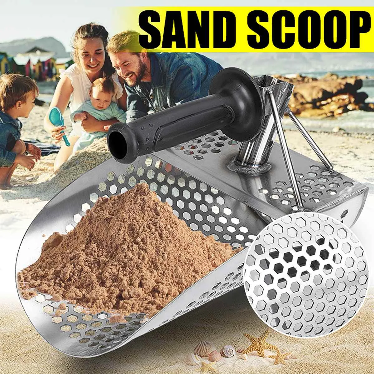 Stainless Beach Sand Scoop Metal Detecting with Handle Tool Fast Sifting Metal Detector Treasure Hunting Shovel Tool