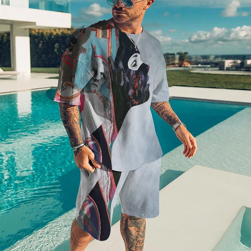 

New 2022 Summer Men's T-shirt Male Casual Suit Simple Type Men's T-shirt Short Sleeve+Shorts Oversized 3D Printing 2-piece Set