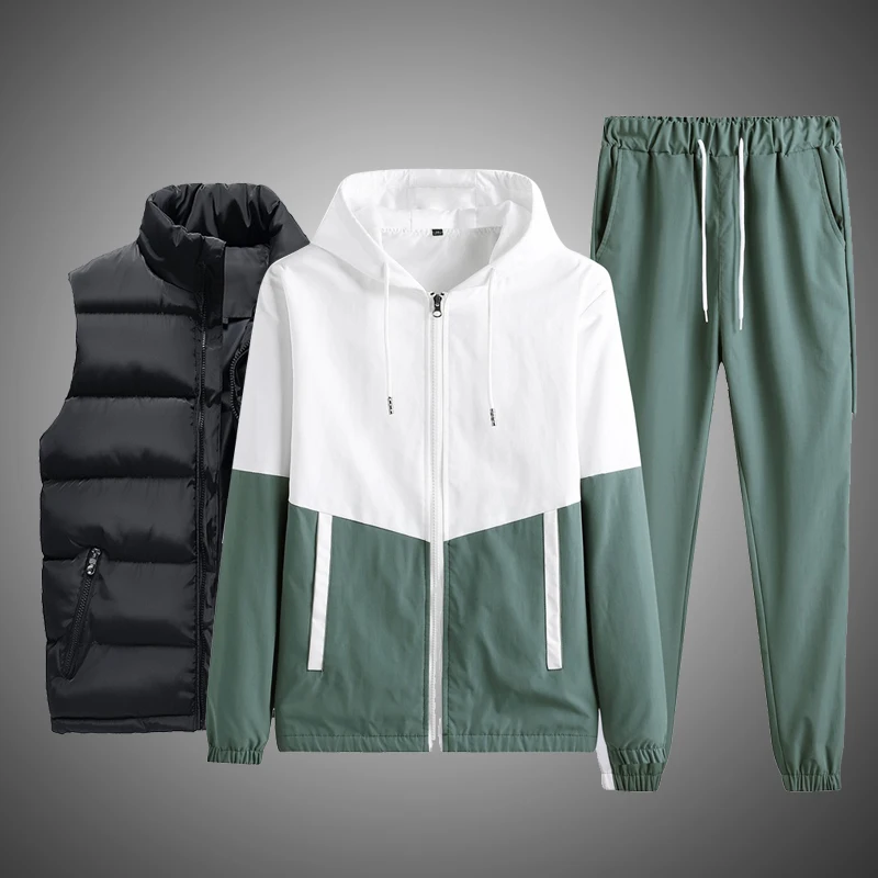 Custom LOGO Men 3 Piece Sets Brand Patchwork Zipper Cardigan Pants Jacket Hip Hop Fitness Streetwear Male Tracksuit Dropshipping