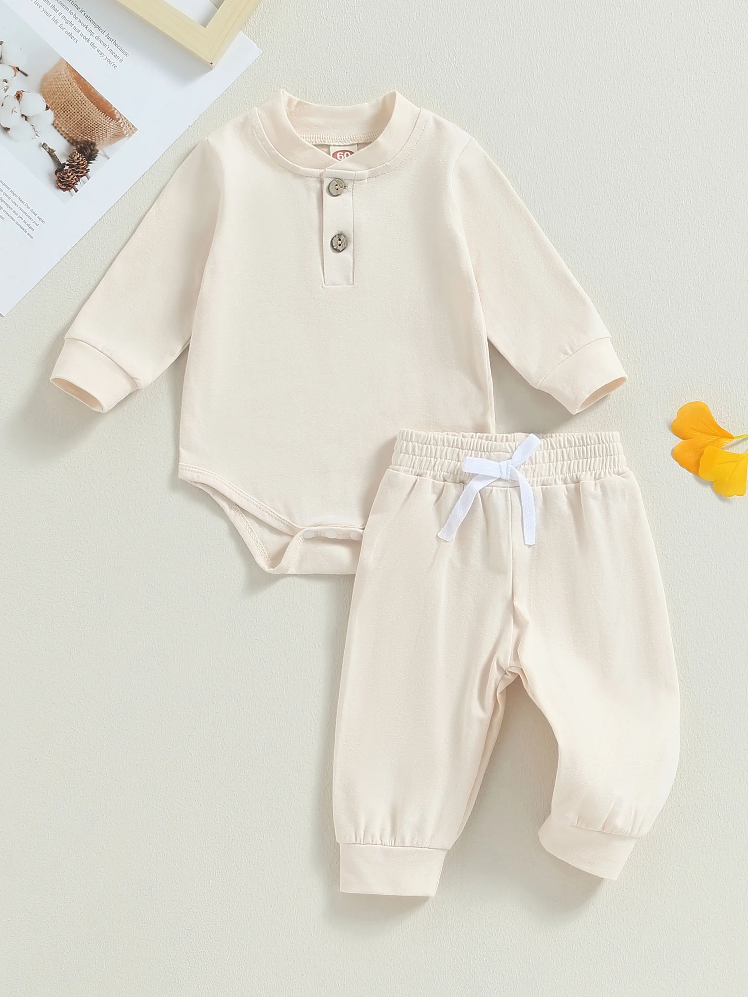 

Комплект одежды для новорожденных девочек и мальчиков, ребристый трикотажный комбинезон с длинным рукавом и штаны, однотонный хлопковый Детский костюм, 2 шт.