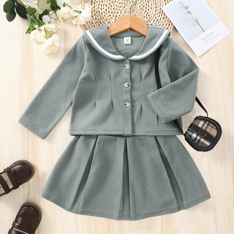 

2022 New Winter Children Sets Long Sleeve Single Breasted Gray Cute 2Pcs Roupa Infantil Menina Clothes Sets 18M-6T