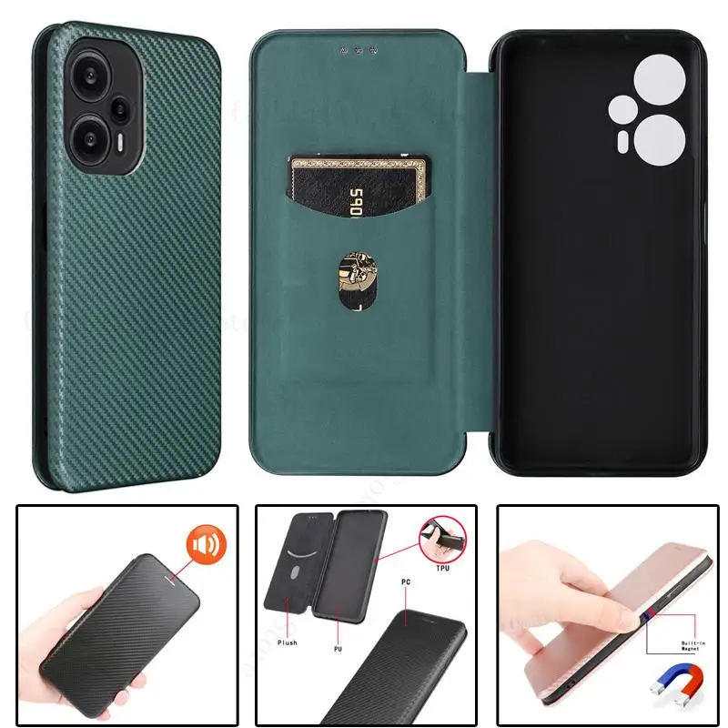 

Capa For Poco F5 Pro Carbon Fiber Leather Flip Case For POCO X5 Pro M5S F4 GT M4 M3 X4 Pro X3 NFC C55 Magnetic Card Wallet Cover