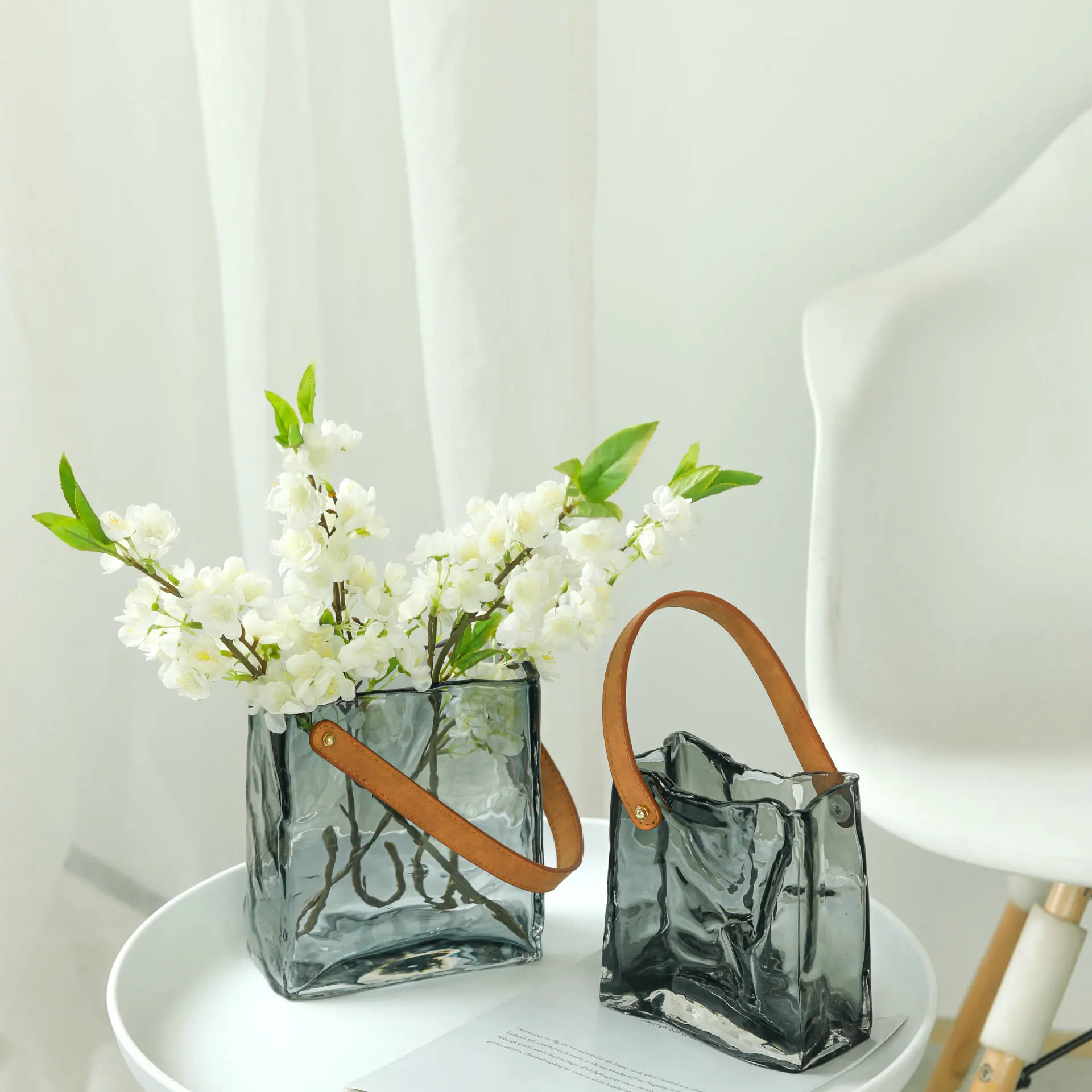 

Glass Vase Transparent Tote Bag Shape Wrinkled Irregular Texture Flower Vase Hydroponics Accessories Terrarium Home Decoration