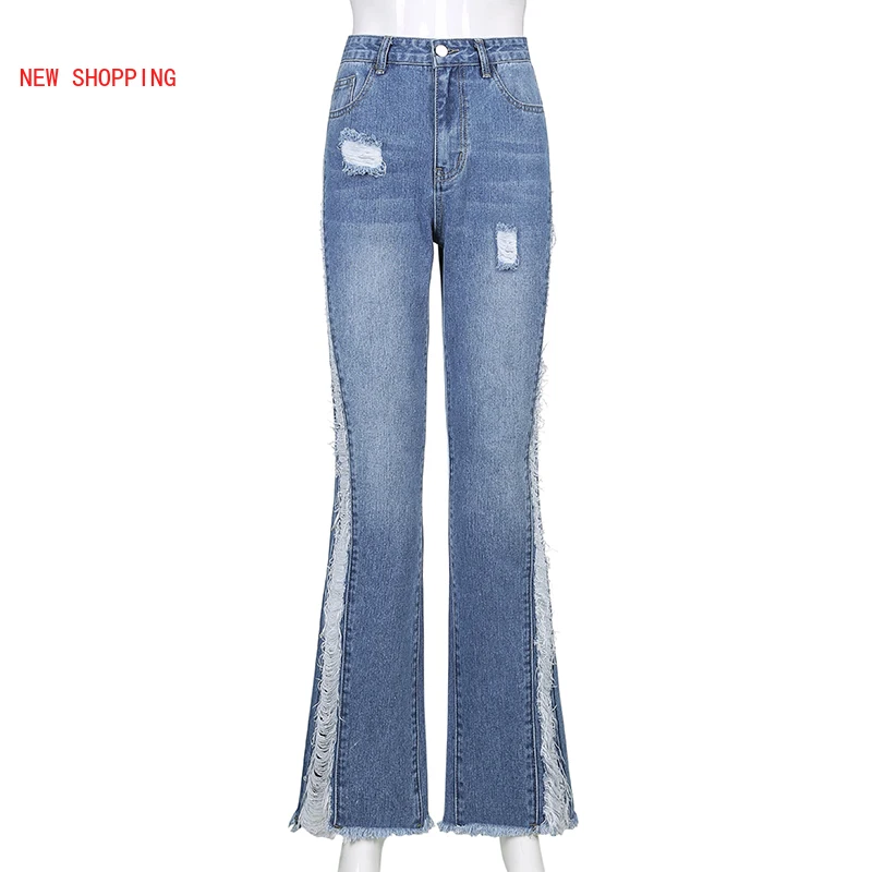 Fashion Y2K Flare Jeans Vintage Hole Ripped Denim Pants Female 2021 NEW Women's Skinny High Waisted Trouser Harajuku Capris