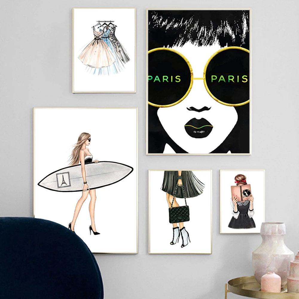 

Fashion Magazine Decoration Mural Paris Lady Dress Flower Bags Picture Poster and Living Room Wall Art Prints for Home Decor