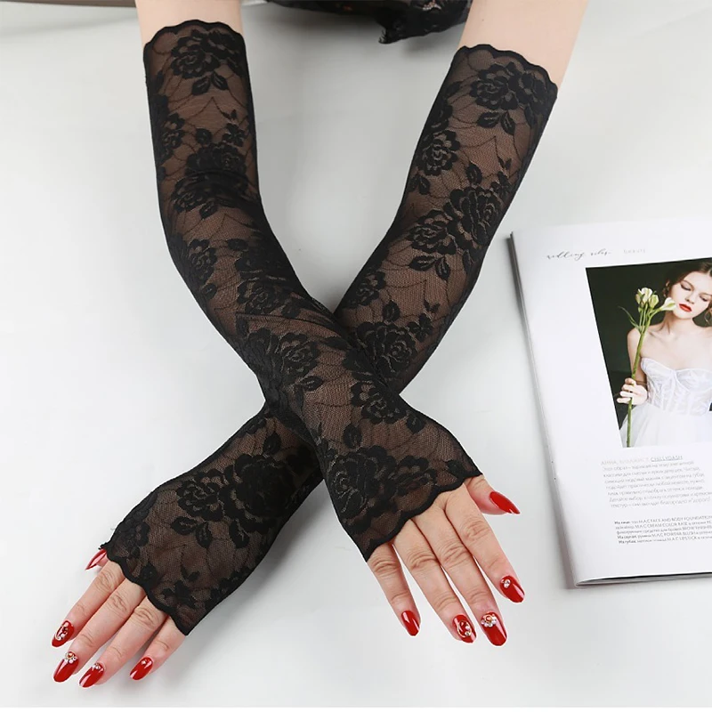

Mittens Summer Women Sexy Lace Covered Arm Sleeve Sunscreen Long Lace Fingerless Mittens Elastic Sleeve Ladies Driving Gloves
