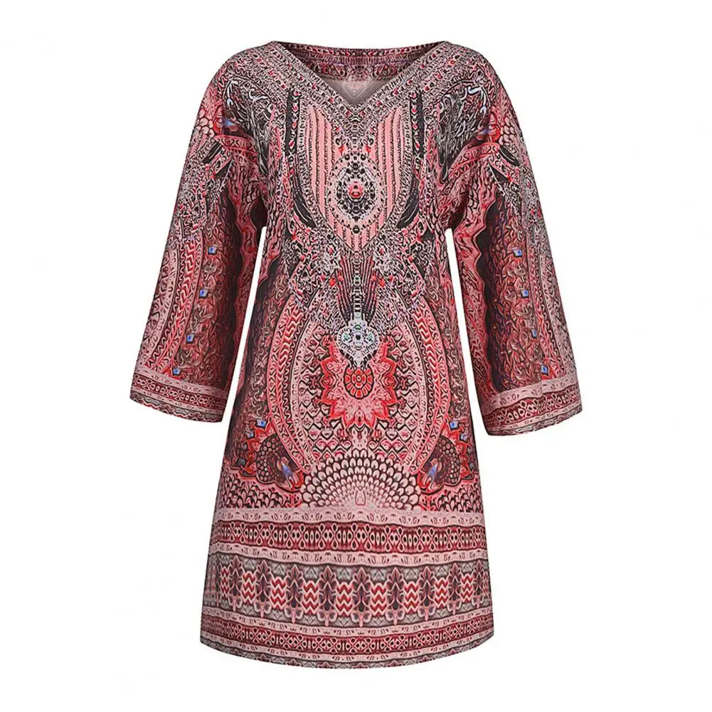 

3/4 Sleeves Shift Design V-neck Holiday Dress Ethnic Bohemia Retro Print Woman Dress Anti-pilling Knee Beach Dress For Daily