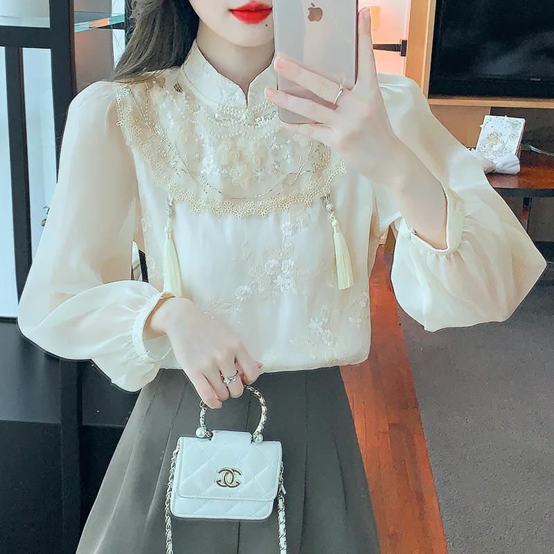 # 2593 Весенняя винтажная шифоновая блузка женские топы и блузки с