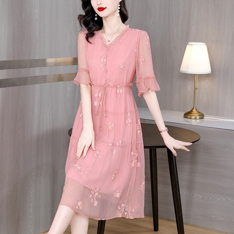 

Новинка лета 2023, Ханчжоу, машинная вышивка, шелковое платье тутового шелкопряда с V-образным вырезом, элегантная женская одежда, шелковое прямое платье